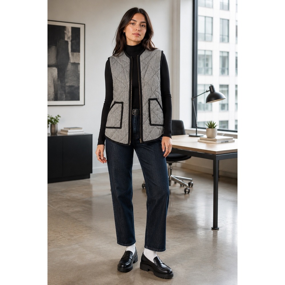 41 Hawthorn Womens Herringbone Quilted Puffer Vest Black White Zip Front XS